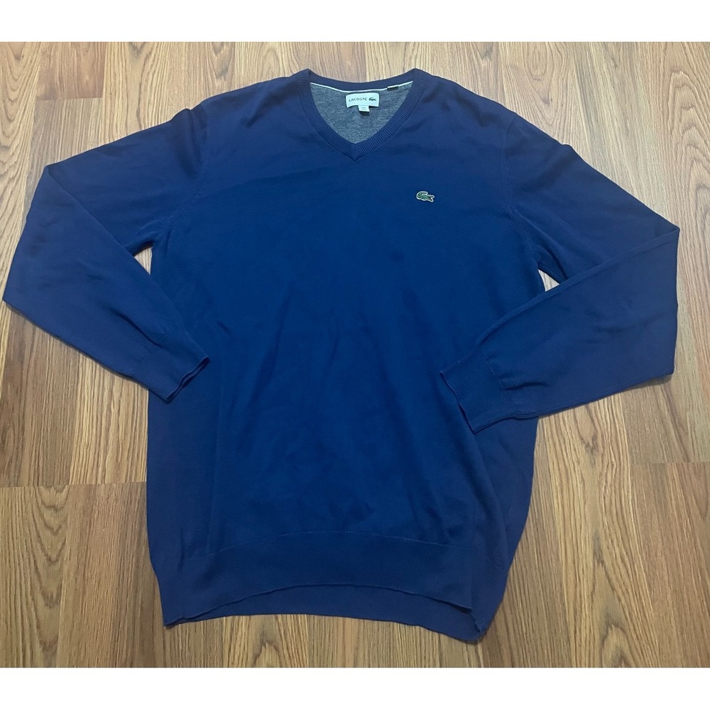 Lacoste Sweater Mens Large V Neck Knit Crocodile Logo Blue